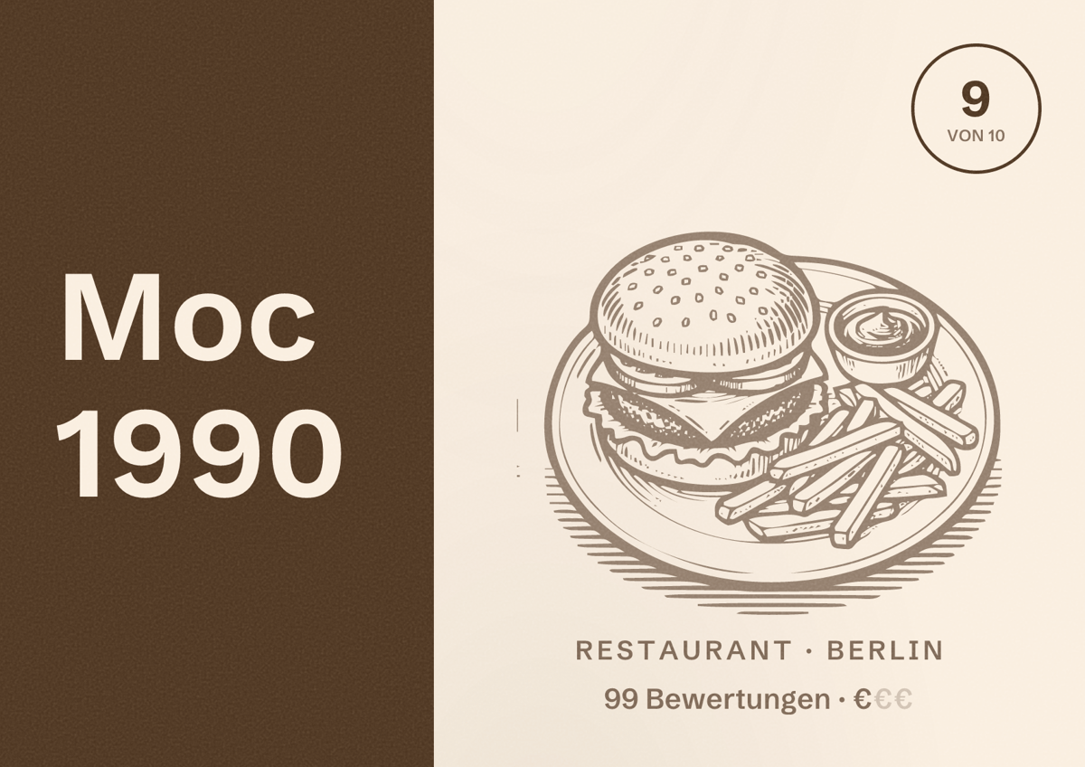 Illustriertes Poster von Moc 1990, Restaurant in Berlin: Bewertung 9,0 von 10 aus 99 Bewertungen, Preisniveau €