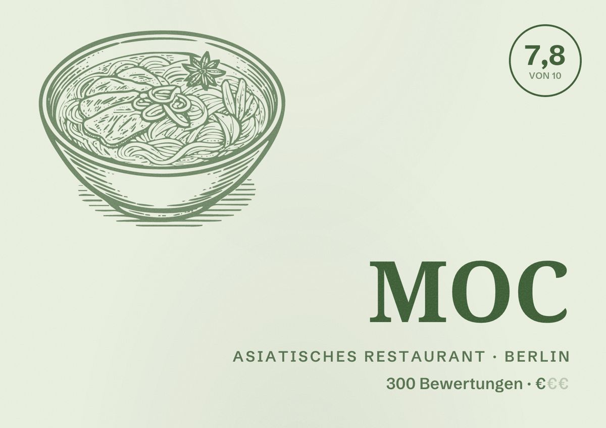 Illustriertes Poster von MOC, Asiatisches Restaurant in Berlin: Bewertung 7,8 von 10 aus 300 Bewertungen, Preisniveau €