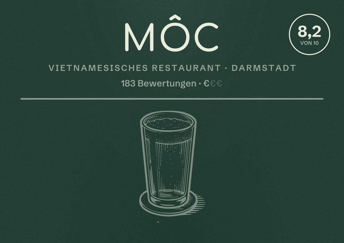 Illustriertes Poster von MÔC, Vietnamesisches Restaurant in Darmstadt: Bewertung 8,2 von 10 aus 183 Bewertungen, Preisniveau €