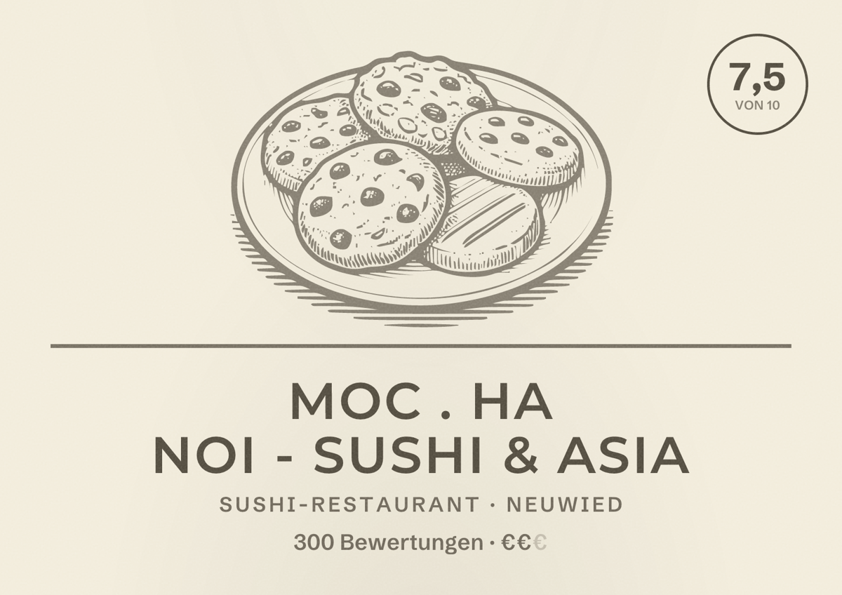 Illustriertes Poster von Moc . Ha Noi - Sushi & Asia, Sushi-Restaurant in Neuwied: Bewertung 7,5 von 10 aus 300 Bewertungen, Preisniveau €€