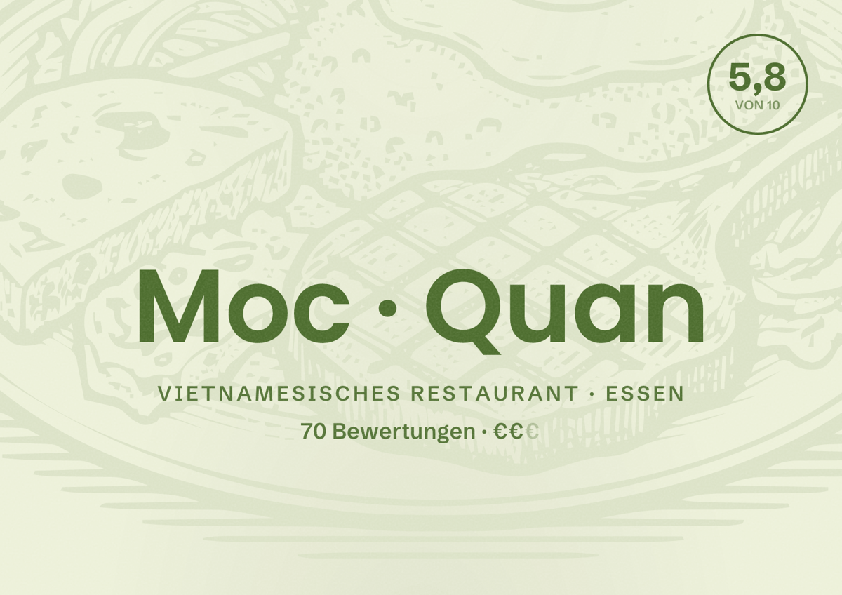 Illustriertes Poster von Moc Quan, Vietnamesisches Restaurant in Essen: Bewertung 5,8 von 10 aus 70 Bewertungen, Preisniveau €€