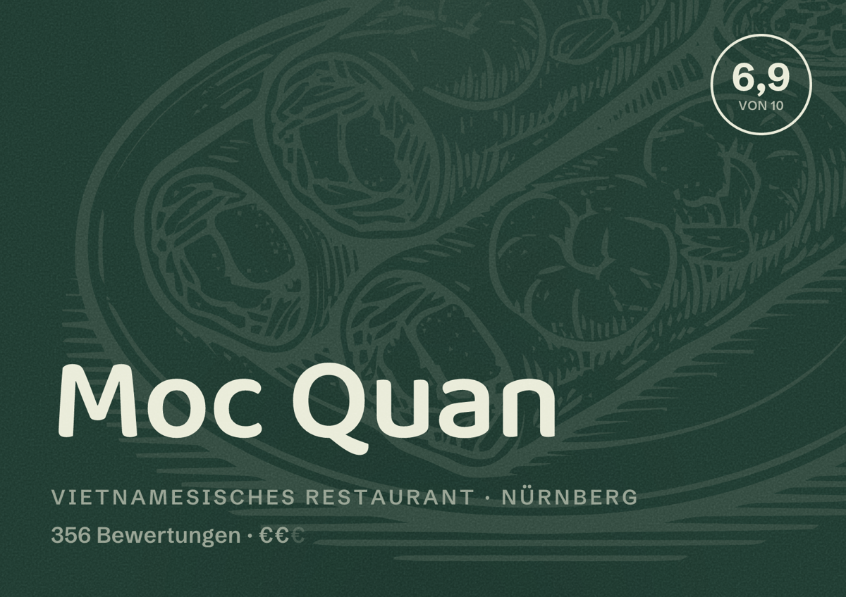Illustriertes Poster von Moc Quan, Vietnamesisches Restaurant in Nürnberg: Bewertung 6,9 von 10 aus 356 Bewertungen, Preisniveau €€