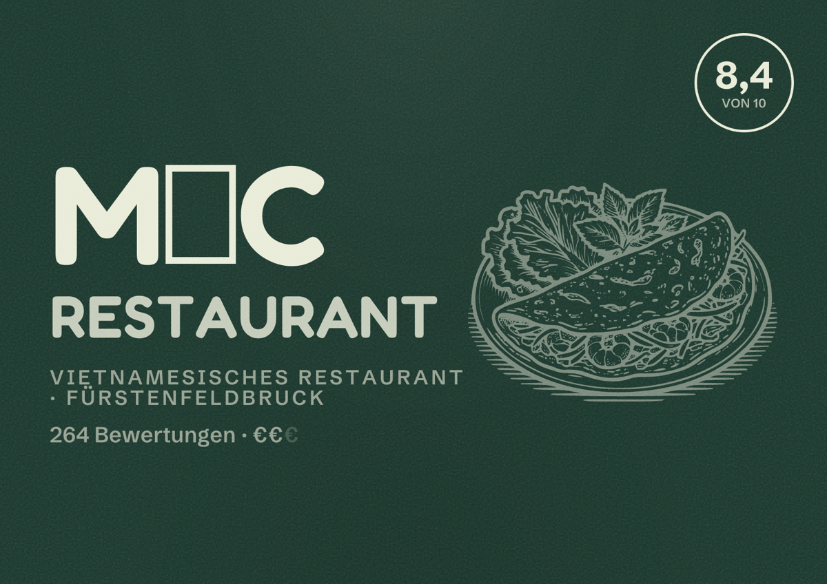 Illustriertes Poster von Mộc Restaurant, Vietnamesisches Restaurant in Fürstenfeldbruck: Bewertung 8,4 von 10 aus 264 Bewertungen, Preisniveau €€