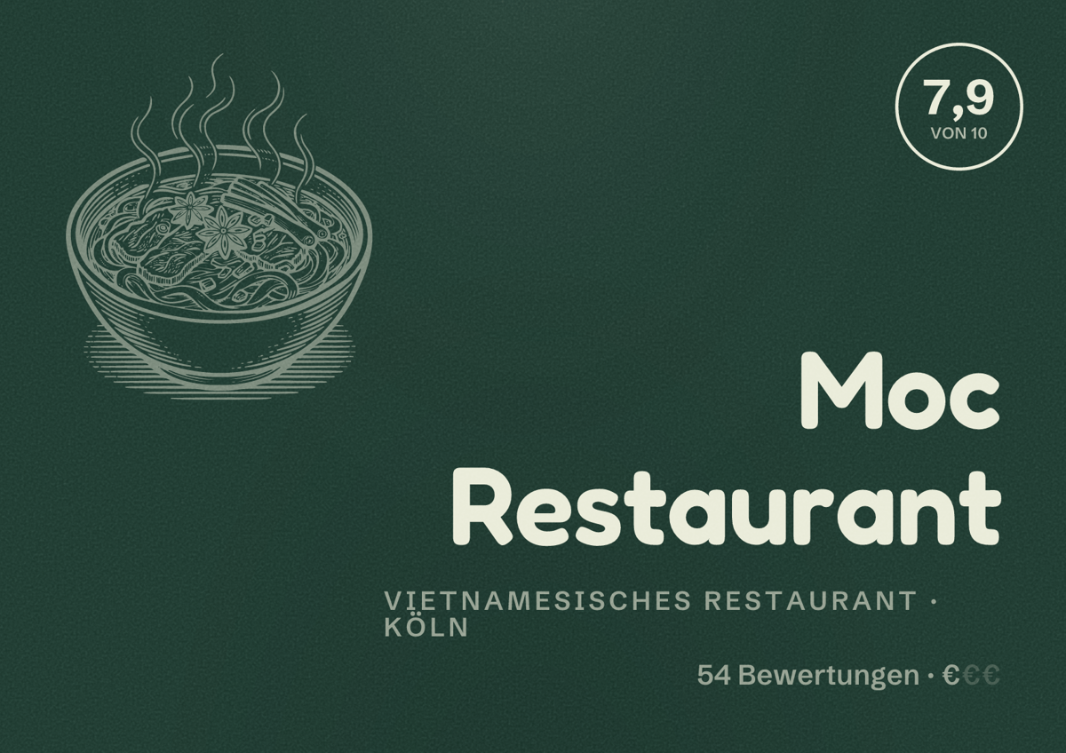 Illustriertes Poster von Moc Restaurant, Vietnamesisches Restaurant in Köln: Bewertung 7,9 von 10 aus 54 Bewertungen, Preisniveau €
