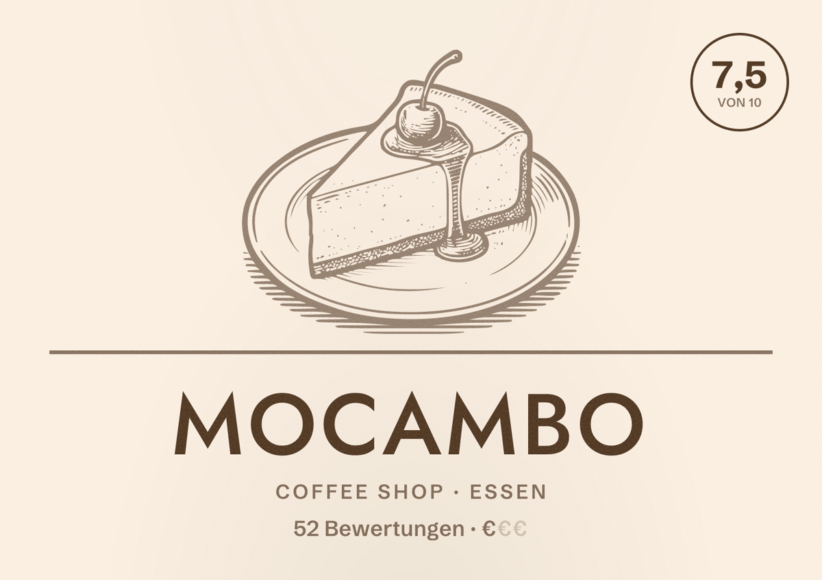 Illustriertes Poster von Mocambo, Coffee Shop in Essen: Bewertung 7,5 von 10 aus 52 Bewertungen, Preisniveau €