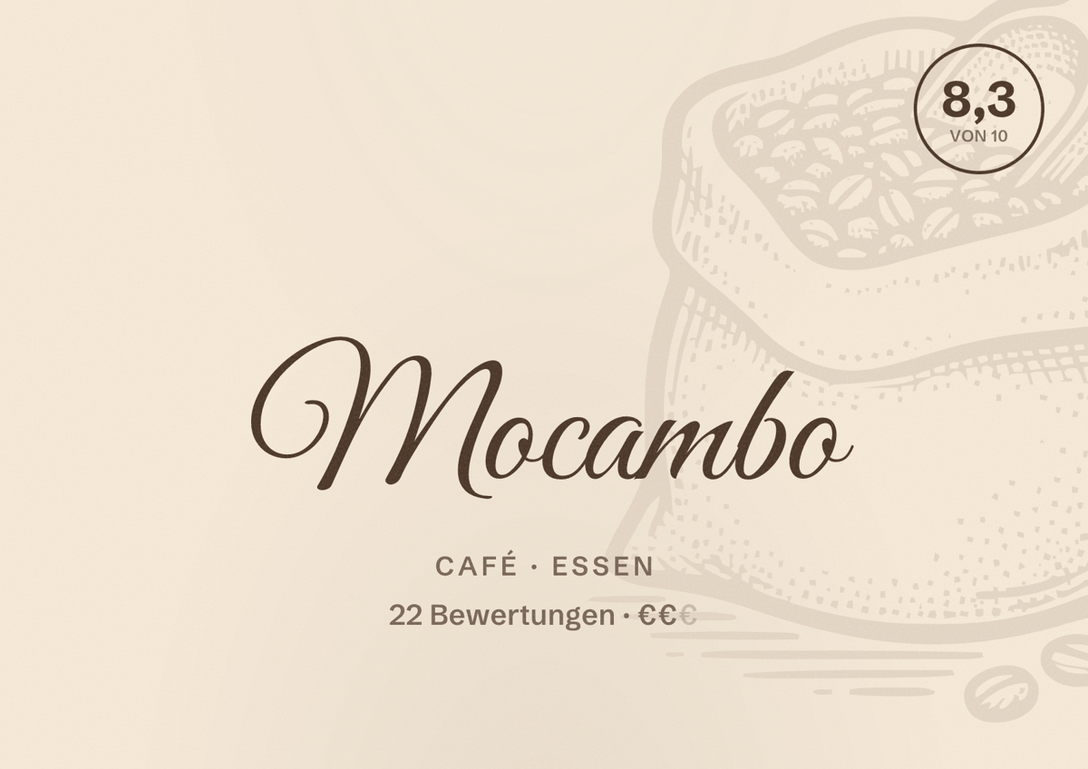 Illustriertes Poster von Mocambo, Café in Essen: Bewertung 8,3 von 10 aus 22 Bewertungen, Preisniveau €€