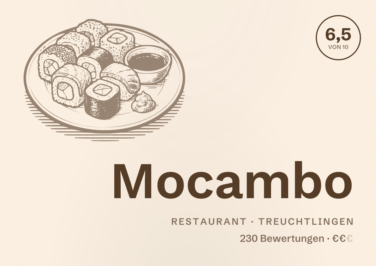 Illustriertes Poster von Mocambo, Restaurant in Treuchtlingen: Bewertung 6,5 von 10 aus 230 Bewertungen, Preisniveau €€