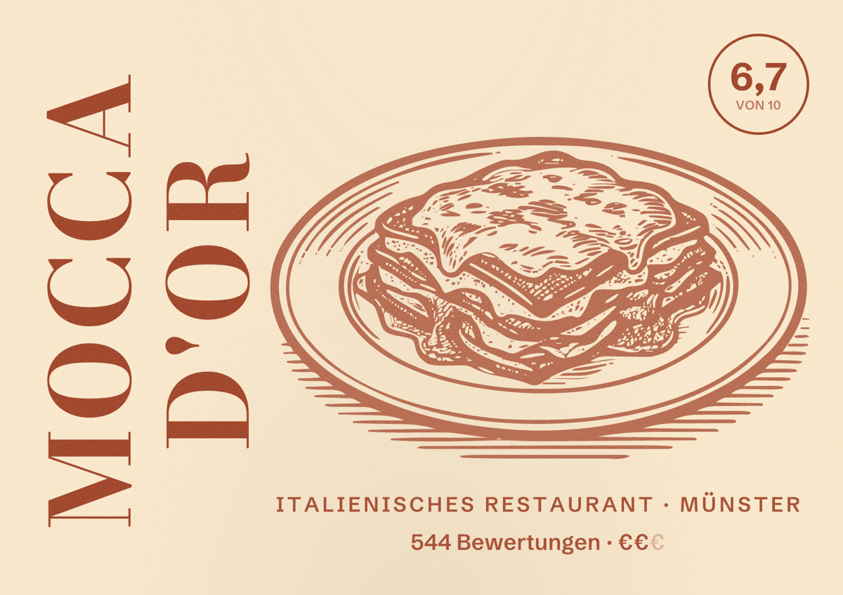 Illustriertes Poster von Mocca d'or, Italienisches Restaurant in Münster: Bewertung 6,7 von 10 aus 544 Bewertungen, Preisniveau €€