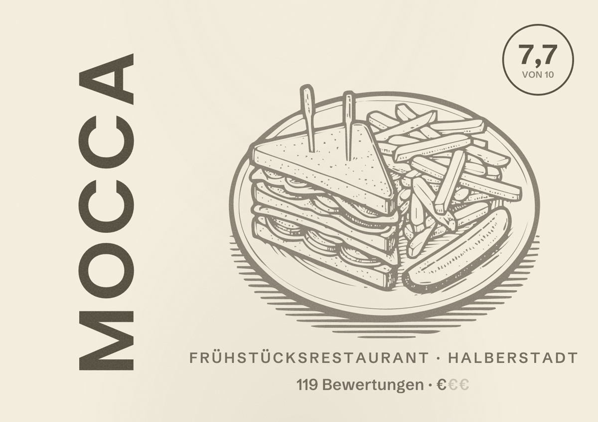 Illustriertes Poster von Mocca, Frühstücksrestaurant in Halberstadt: Bewertung 7,7 von 10 aus 119 Bewertungen, Preisniveau €