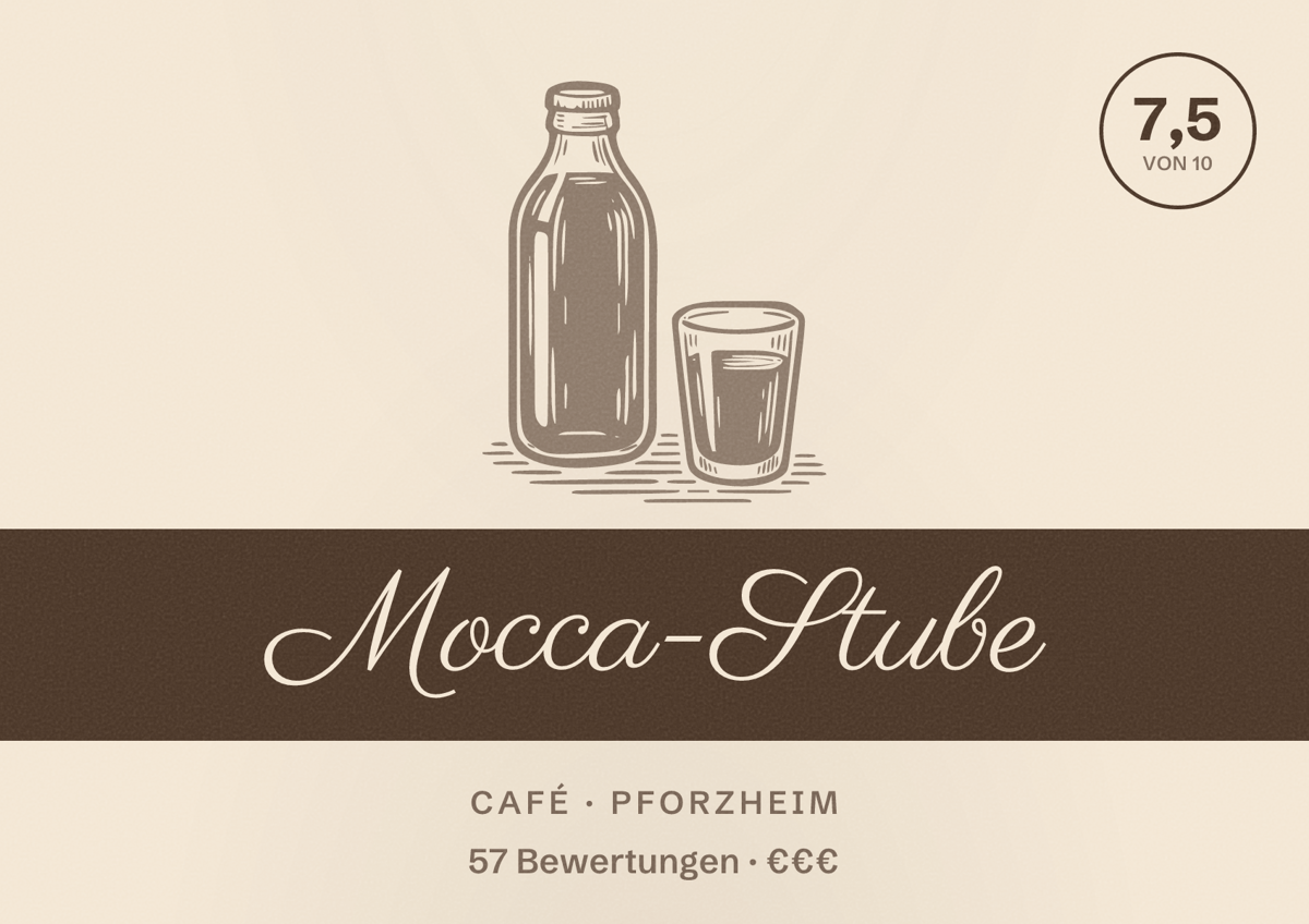 Illustriertes Poster von Mocca-Stube, Café in Pforzheim: Bewertung 7,5 von 10 aus 57 Bewertungen, Preisniveau €€€
