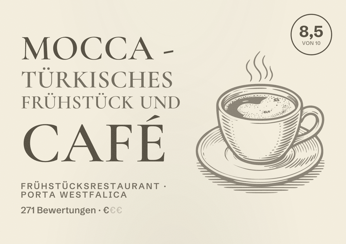 Illustriertes Poster von mocca - Türkisches Frühstück und Café, Frühstücksrestaurant in Porta Westfalica: Bewertung 8,5 von 10 aus 271 Bewertungen, Preisniveau €