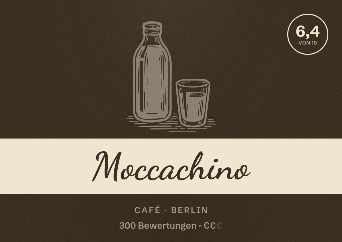 Illustriertes Poster von Moccachino, Café in Berlin: Bewertung 6,4 von 10 aus 300 Bewertungen, Preisniveau €€
