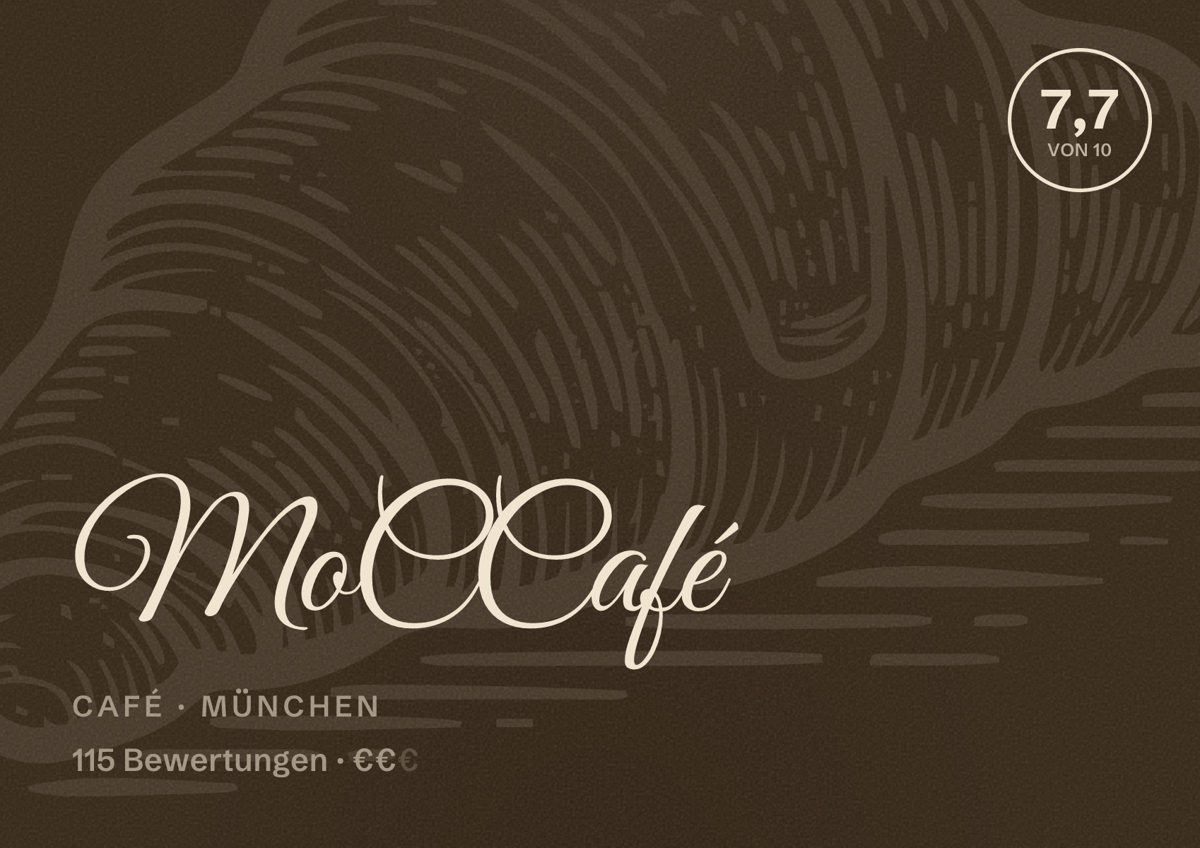 Illustriertes Poster von MoCCafé, Café in München: Bewertung 7,7 von 10 aus 115 Bewertungen, Preisniveau €€