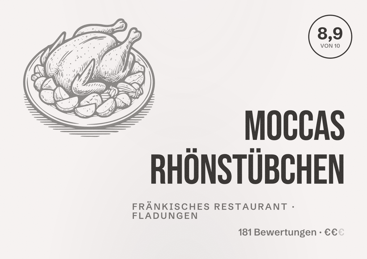 Illustriertes Poster von Moccas Rhönstübchen, Fränkisches Restaurant in Fladungen: Bewertung 8,9 von 10 aus 181 Bewertungen, Preisniveau €€
