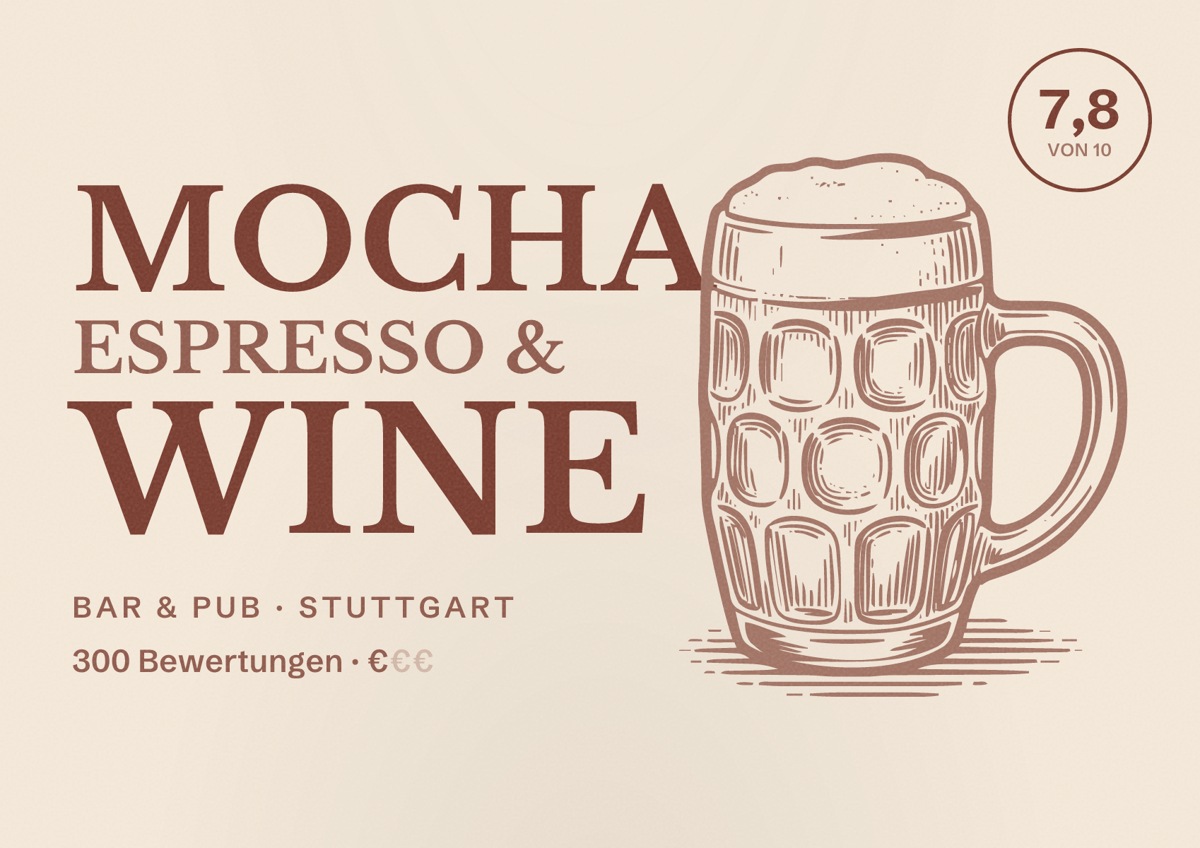 Illustriertes Poster von mocha Espresso & wine, Bar & Pub in Stuttgart: Bewertung 7,8 von 10 aus 300 Bewertungen, Preisniveau €