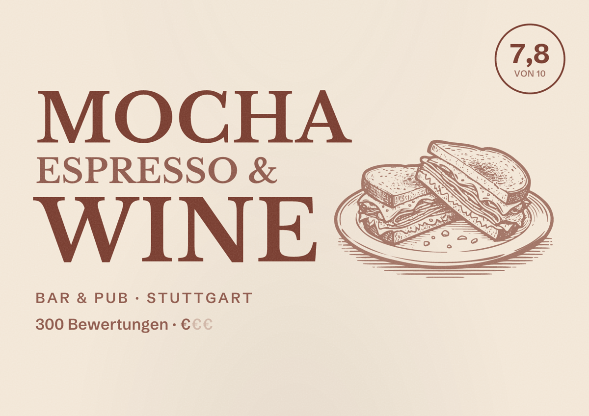 Illustriertes Poster von mocha Espresso & wine, Bar & Pub in Stuttgart: Bewertung 7,8 von 10 aus 300 Bewertungen, Preisniveau €