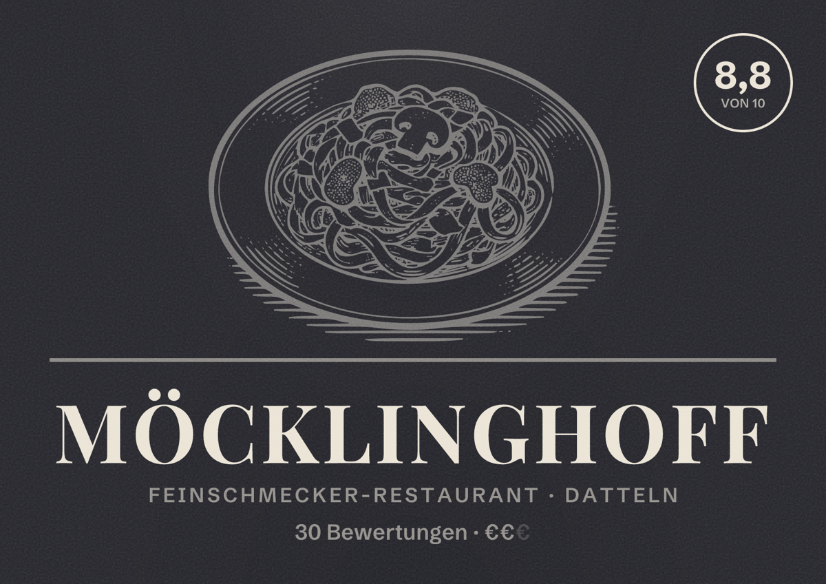 Illustriertes Poster von Möcklinghoff, Feinschmecker-Restaurant in Datteln: Bewertung 8,8 von 10 aus 30 Bewertungen, Preisniveau €€