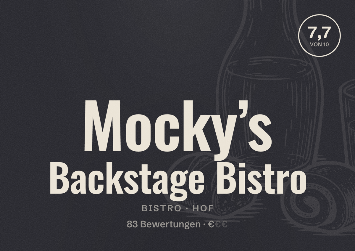 Illustriertes Poster von Mocky’s Backstage Bistro, Bistro in Hof: Bewertung 7,7 von 10 aus 83 Bewertungen, Preisniveau €