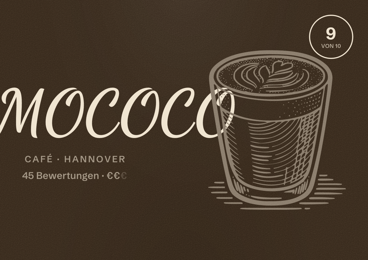 Illustriertes Poster von MOCOCO, Café in Hannover: Bewertung 9,0 von 10 aus 45 Bewertungen, Preisniveau €€