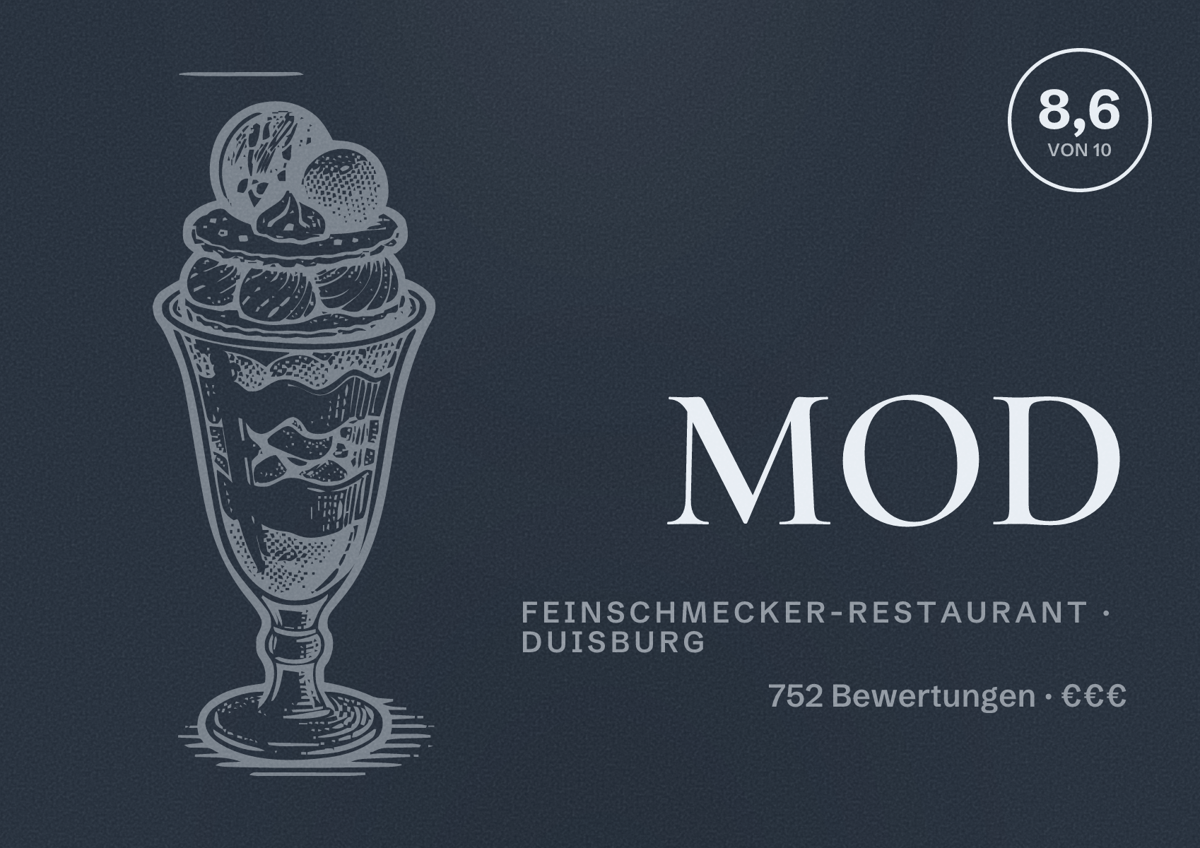 Illustriertes Poster von MOD, Feinschmecker-Restaurant in Duisburg: Bewertung 8,6 von 10 aus 752 Bewertungen, Preisniveau €€€