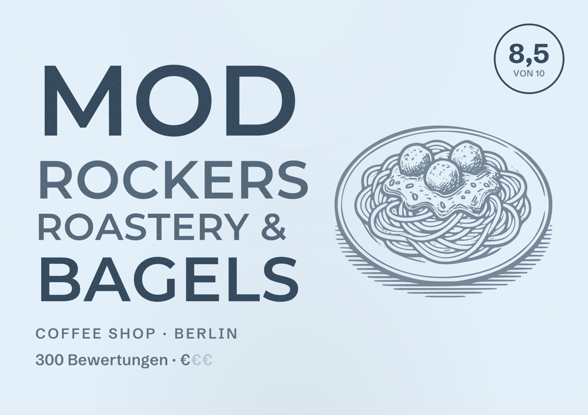 Illustriertes Poster von MOD ROCKERS ROASTERY & BAGELS, Coffee Shop in Berlin: Bewertung 8,5 von 10 aus 300 Bewertungen, Preisniveau €
