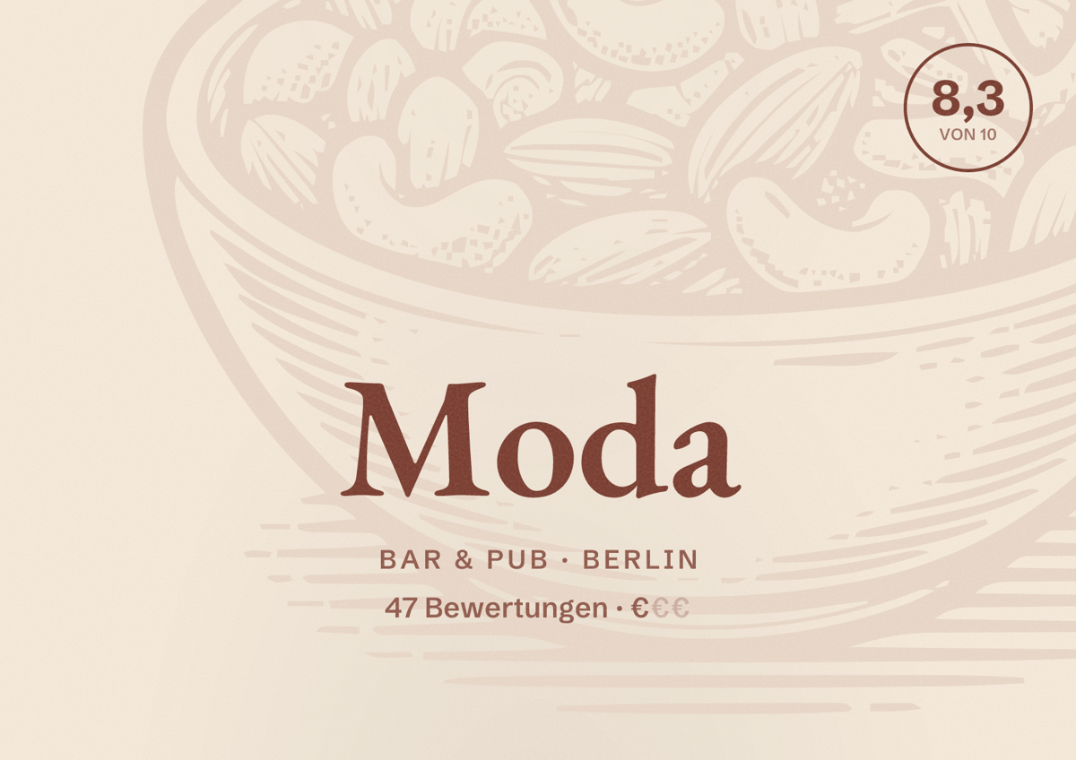 Illustriertes Poster von Moda, Bar & Pub in Berlin: Bewertung 8,3 von 10 aus 47 Bewertungen, Preisniveau €