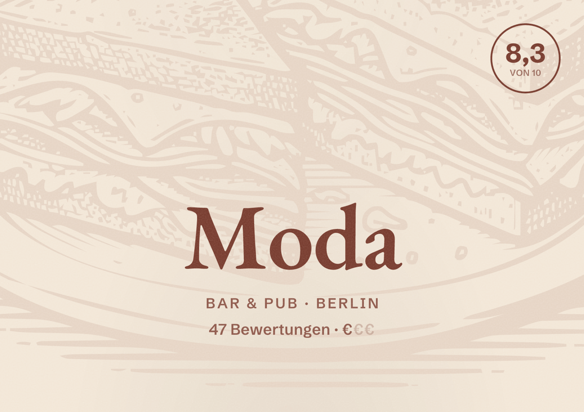 Illustriertes Poster von Moda, Bar & Pub in Berlin: Bewertung 8,3 von 10 aus 47 Bewertungen, Preisniveau €
