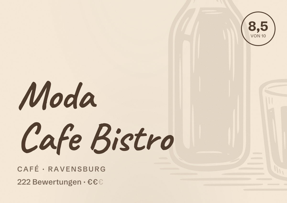 Illustriertes Poster von Moda Cafe Bistro, Café in Ravensburg: Bewertung 8,5 von 10 aus 222 Bewertungen, Preisniveau €€