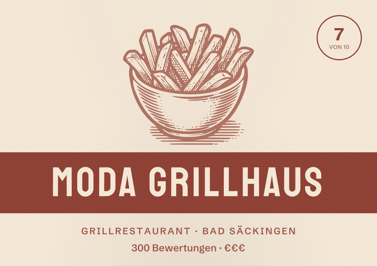 Illustriertes Poster von MODA GRILLHAUS, Grillrestaurant in Bad Säckingen: Bewertung 7 von 10 aus 300 Bewertungen, Preisniveau €€€