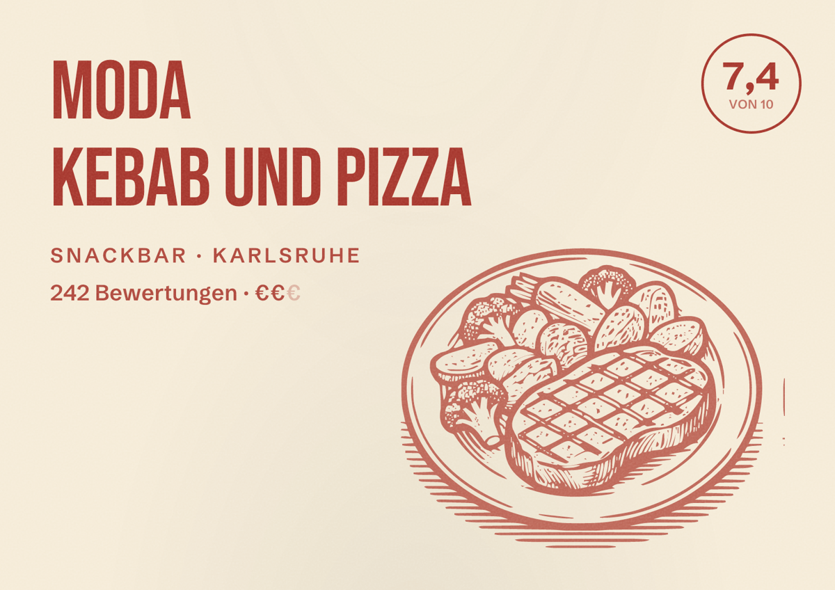 Illustriertes Poster von MODA Kebab und Pizza, Snackbar in Karlsruhe: Bewertung 7,4 von 10 aus 242 Bewertungen, Preisniveau €€