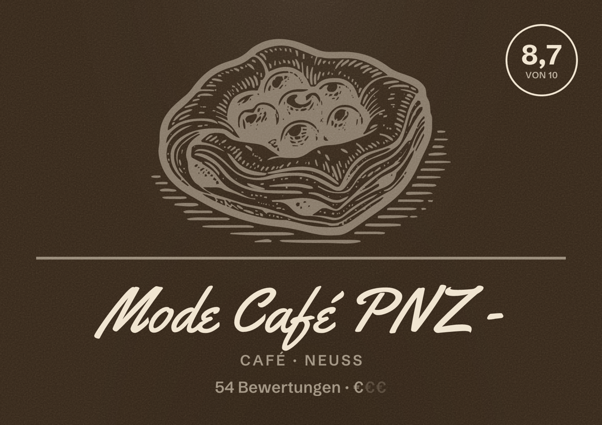 Illustriertes Poster von Mode Café PNZ -, Café in Neuss: Bewertung 8,7 von 10 aus 54 Bewertungen, Preisniveau €