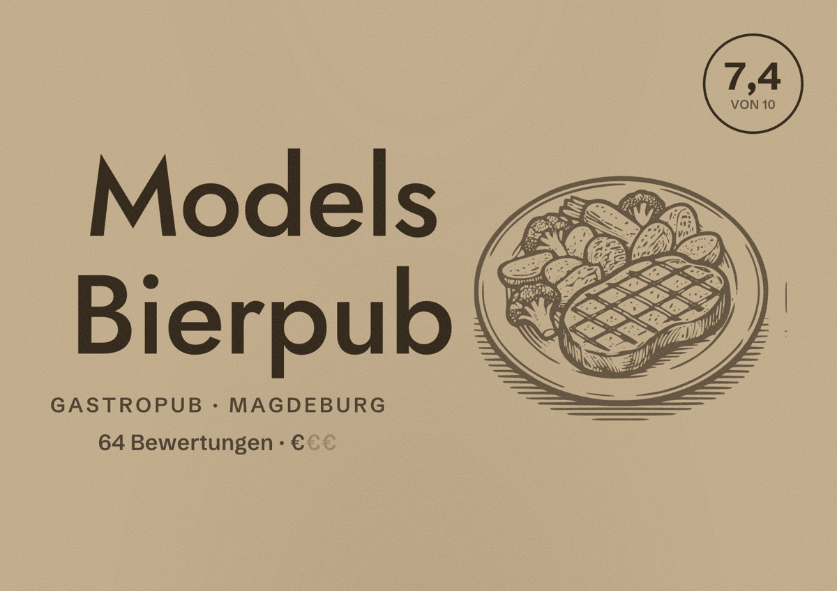 Illustriertes Poster von Models Bierpub, Gastropub in Magdeburg: Bewertung 7,4 von 10 aus 64 Bewertungen, Preisniveau €
