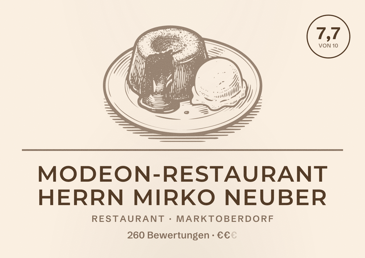 Illustriertes Poster von Modeon-Restaurant Herrn Mirko Neuber, Restaurant in Marktoberdorf: Bewertung 7,7 von 10 aus 260 Bewertungen, Preisniveau €€