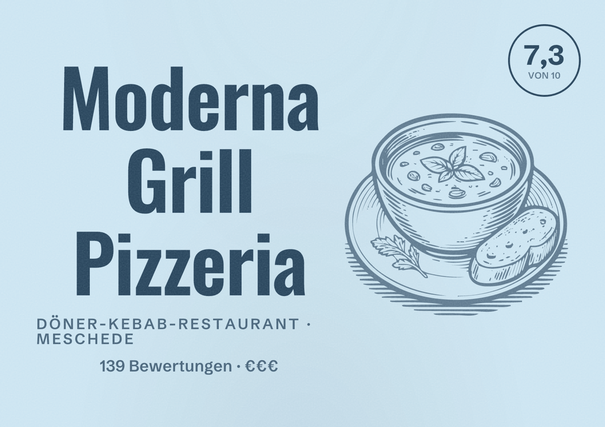 Illustriertes Poster von Moderna Grill Pizzeria, Döner-Kebab-Restaurant in Meschede: Bewertung 7,3 von 10 aus 139 Bewertungen, Preisniveau €€€