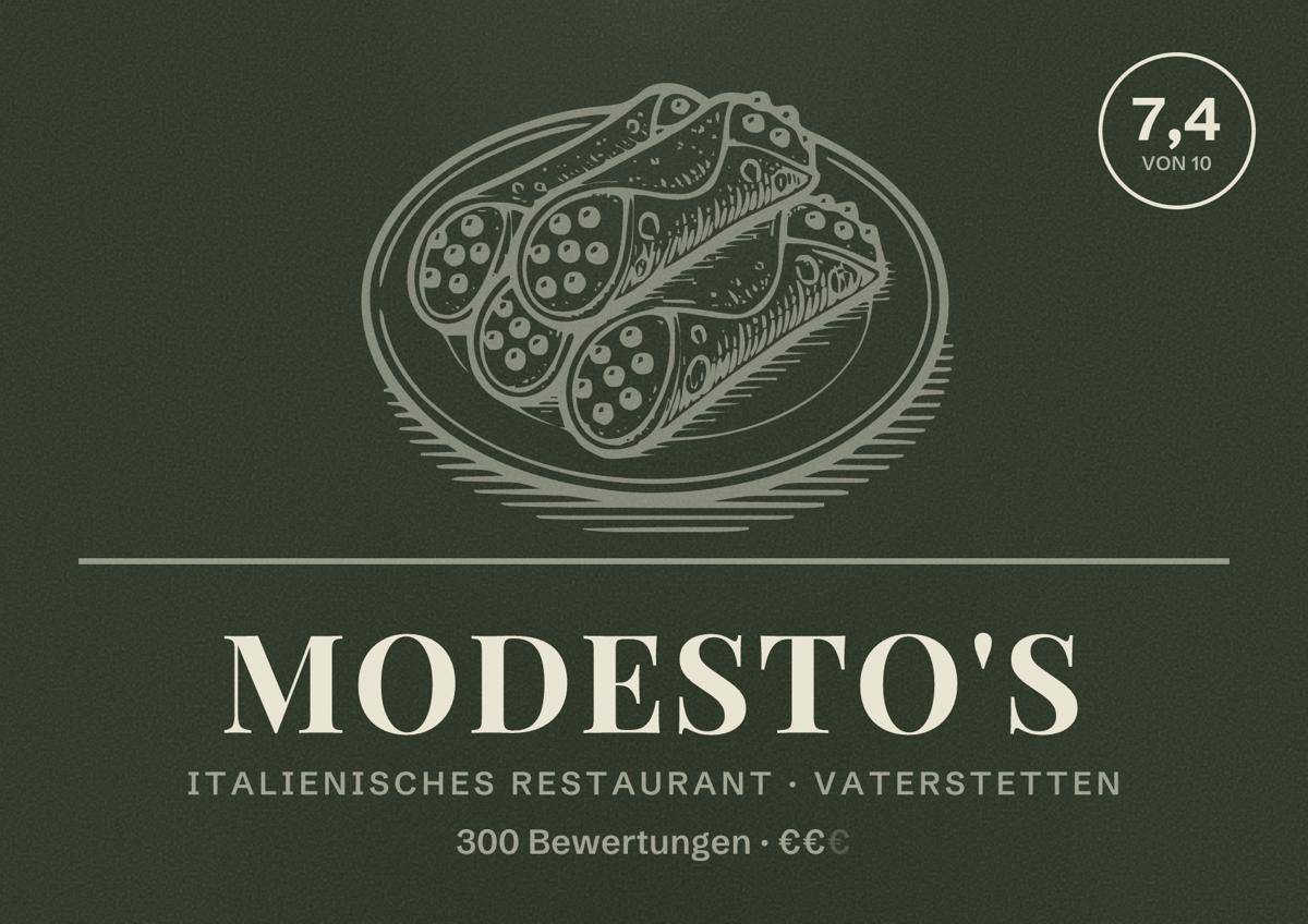 Illustriertes Poster von Modesto's, Italienisches Restaurant in Vaterstetten: Bewertung 7,4 von 10 aus 300 Bewertungen, Preisniveau €€