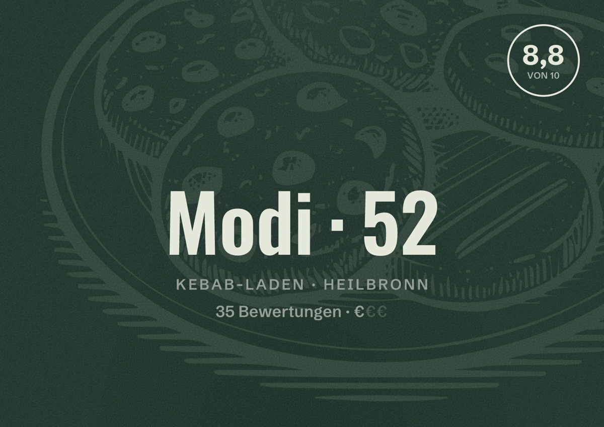 Illustriertes Poster von Modi 52, Kebab-Laden in Heilbronn: Bewertung 8,8 von 10 aus 35 Bewertungen, Preisniveau €