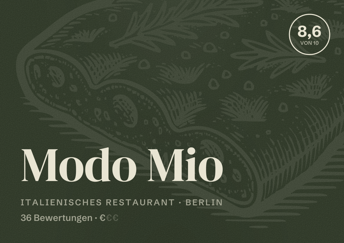 Illustriertes Poster von Modo Mio, Italienisches Restaurant in Berlin: Bewertung 8,6 von 10 aus 36 Bewertungen, Preisniveau €