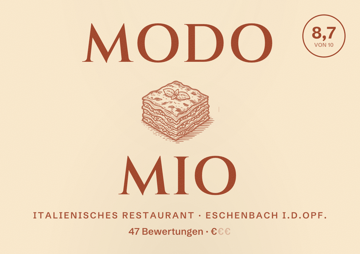Illustriertes Poster von Modo Mio, Italienisches Restaurant in Eschenbach i.d.OPf.: Bewertung 8,7 von 10 aus 47 Bewertungen, Preisniveau €