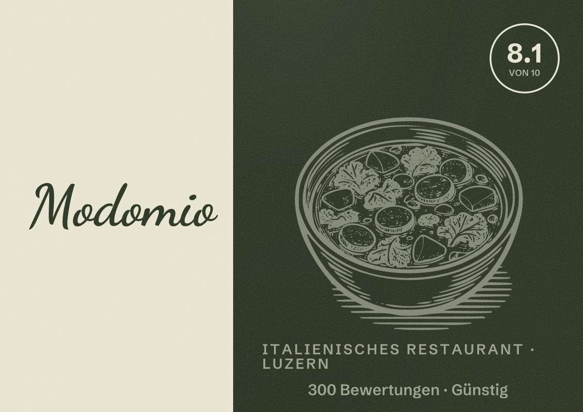 Illustriertes Poster von Modomio, Italienisches Restaurant in Luzern: Bewertung 8.1 von 10 aus 300 Bewertungen, Preisniveau Günstig