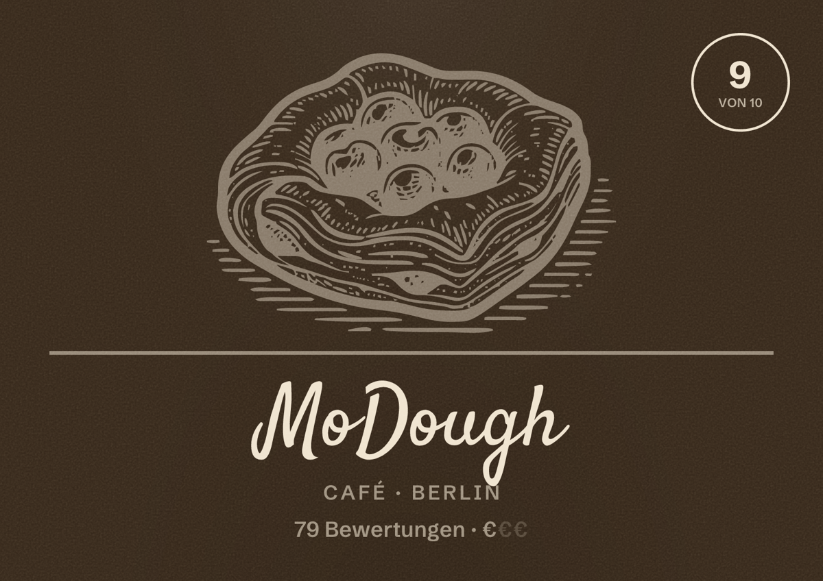 Illustriertes Poster von MoDough, Café in Berlin: Bewertung 9,0 von 10 aus 79 Bewertungen, Preisniveau €