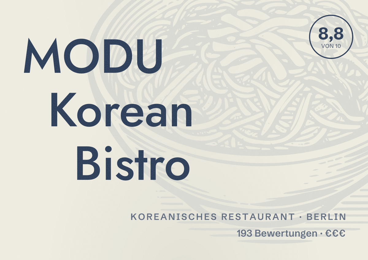 Illustriertes Poster von MODU Korean Bistro, Koreanisches Restaurant in Berlin: Bewertung 8,8 von 10 aus 193 Bewertungen, Preisniveau €€€
