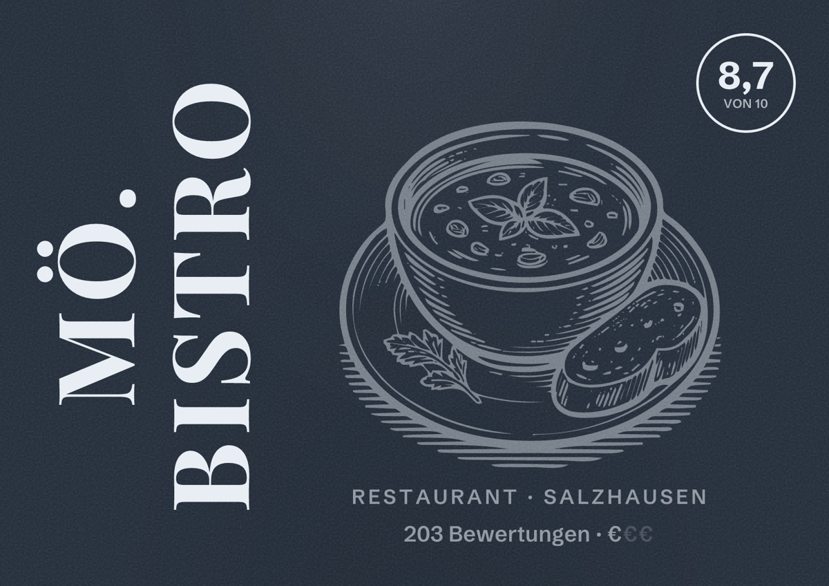 Illustriertes Poster von Mö. Bistro, Restaurant in Salzhausen: Bewertung 8,7 von 10 aus 203 Bewertungen, Preisniveau €