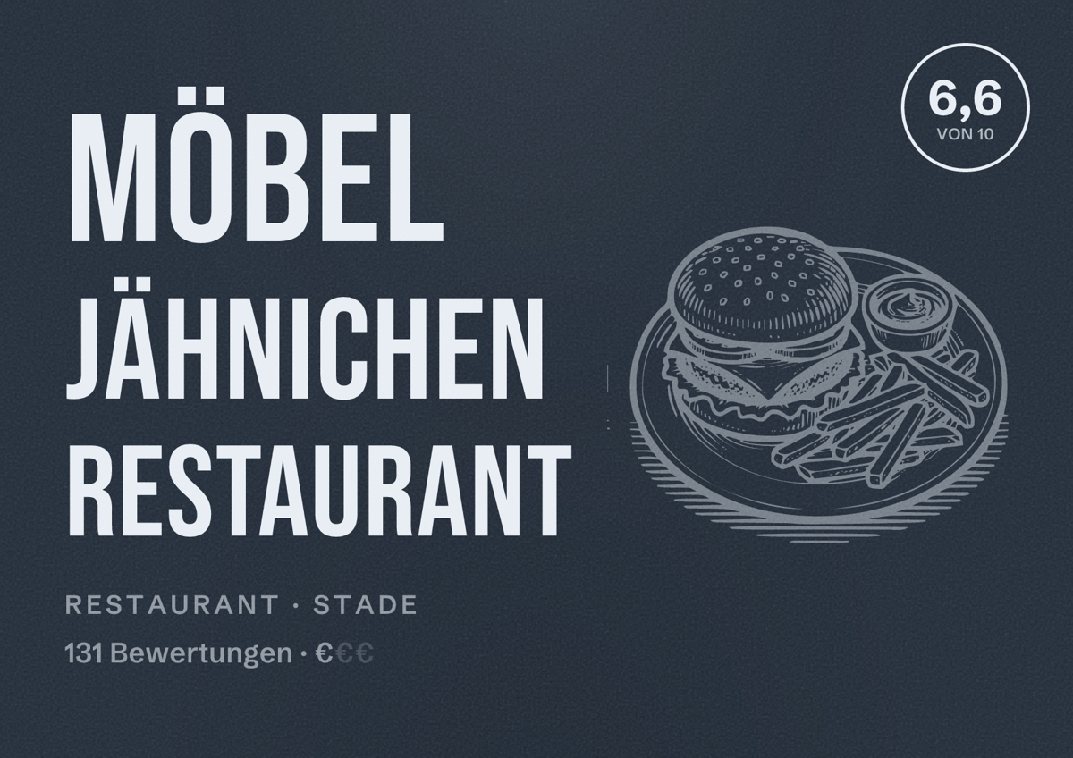 Illustriertes Poster von Möbel Jähnichen Restaurant, Restaurant in Stade: Bewertung 6,6 von 10 aus 131 Bewertungen, Preisniveau €