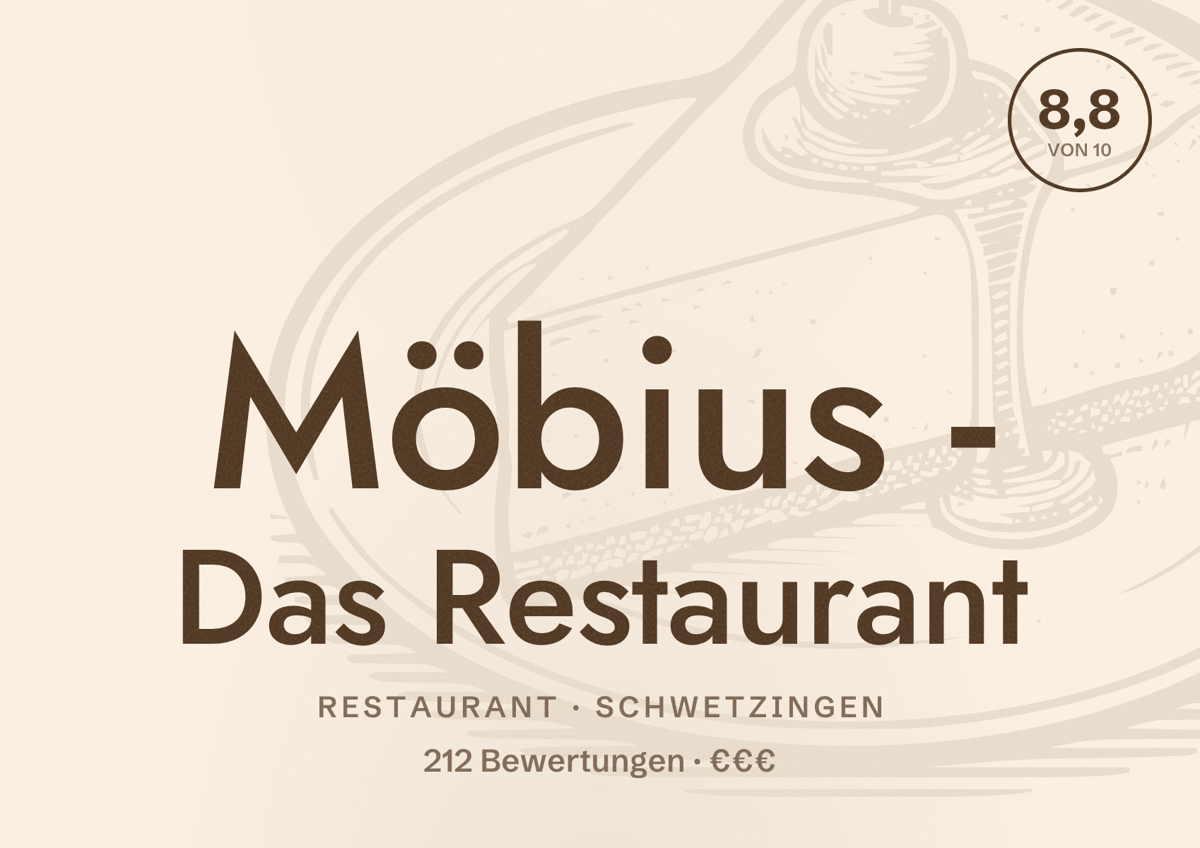 Illustriertes Poster von Möbius - Das Restaurant, Restaurant in Schwetzingen: Bewertung 8,8 von 10 aus 212 Bewertungen, Preisniveau €€€