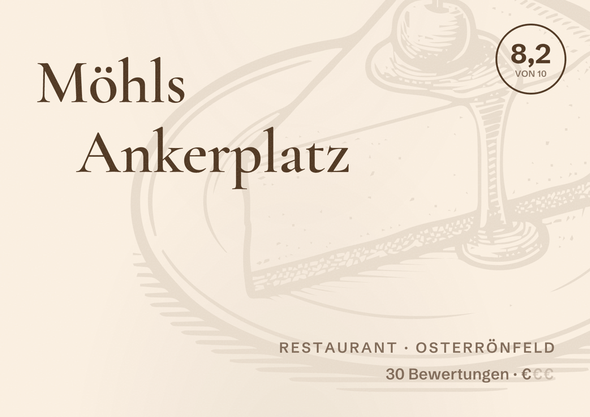 Illustriertes Poster von Möhls Ankerplatz, Restaurant in Osterrönfeld: Bewertung 8,2 von 10 aus 30 Bewertungen, Preisniveau €