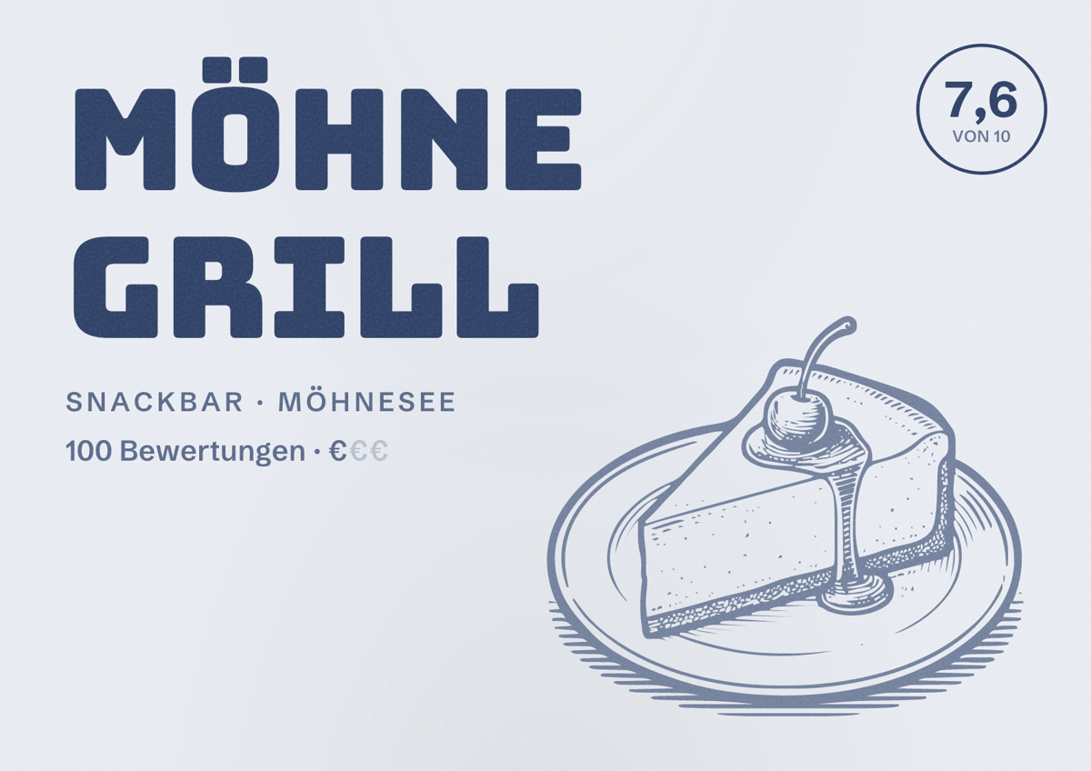 Illustriertes Poster von Möhne Grill, Snackbar in Möhnesee: Bewertung 7,6 von 10 aus 100 Bewertungen, Preisniveau €