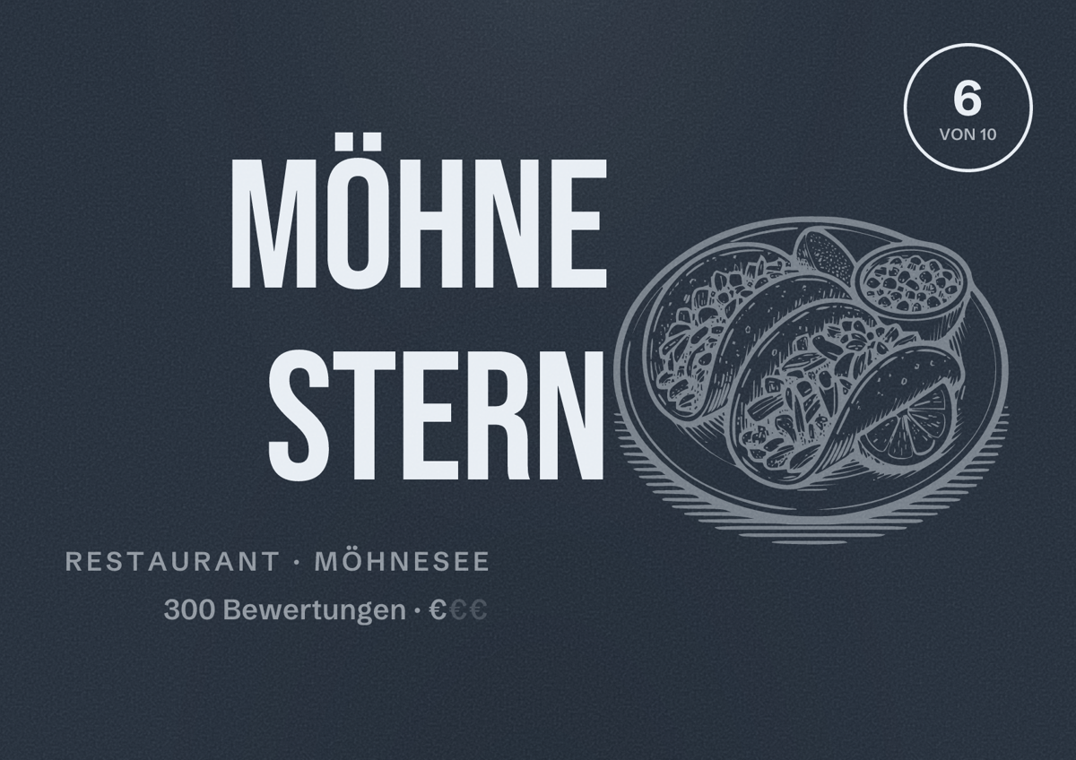 Illustriertes Poster von Möhne Stern, Restaurant in Möhnesee: Bewertung 6 von 10 aus 300 Bewertungen, Preisniveau €