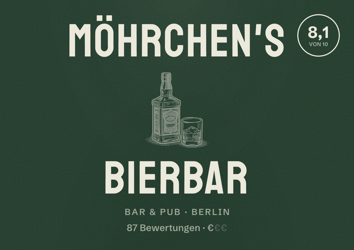 Illustriertes Poster von Möhrchen's Bierbar, Bar & Pub in Berlin: Bewertung 8,1 von 10 aus 87 Bewertungen, Preisniveau €