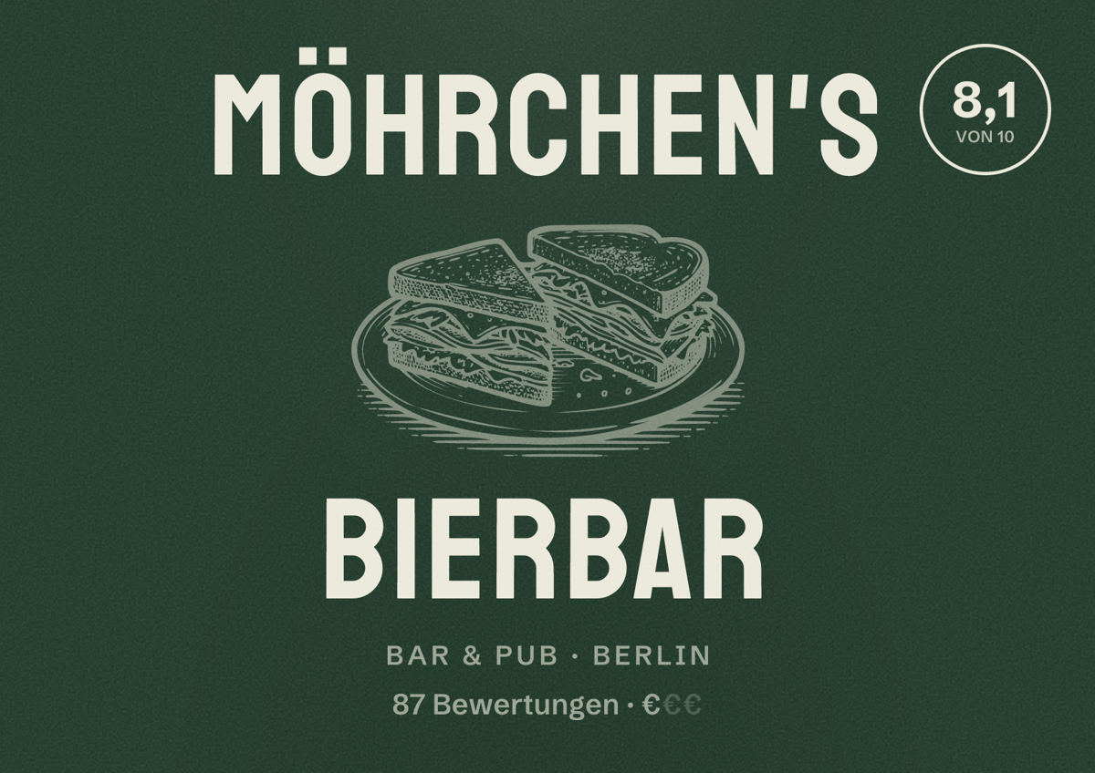 Illustriertes Poster von Möhrchen's Bierbar, Bar & Pub in Berlin: Bewertung 8,1 von 10 aus 87 Bewertungen, Preisniveau €