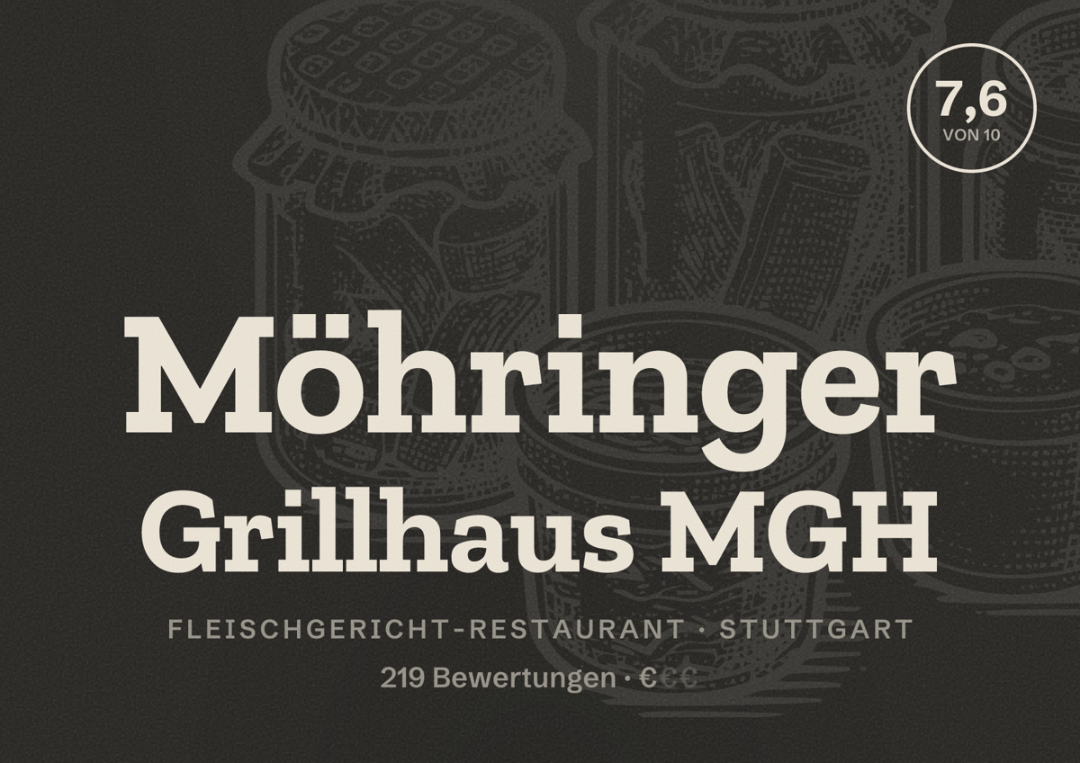 Illustriertes Poster von Möhringer Grillhaus MGH, Fleischgericht-Restaurant in Stuttgart: Bewertung 7,6 von 10 aus 219 Bewertungen, Preisniveau €